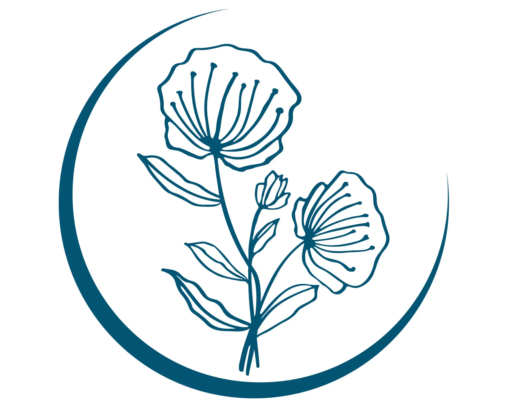 Illustration minimale d'une branche de fleur bleue dessinée au trait.